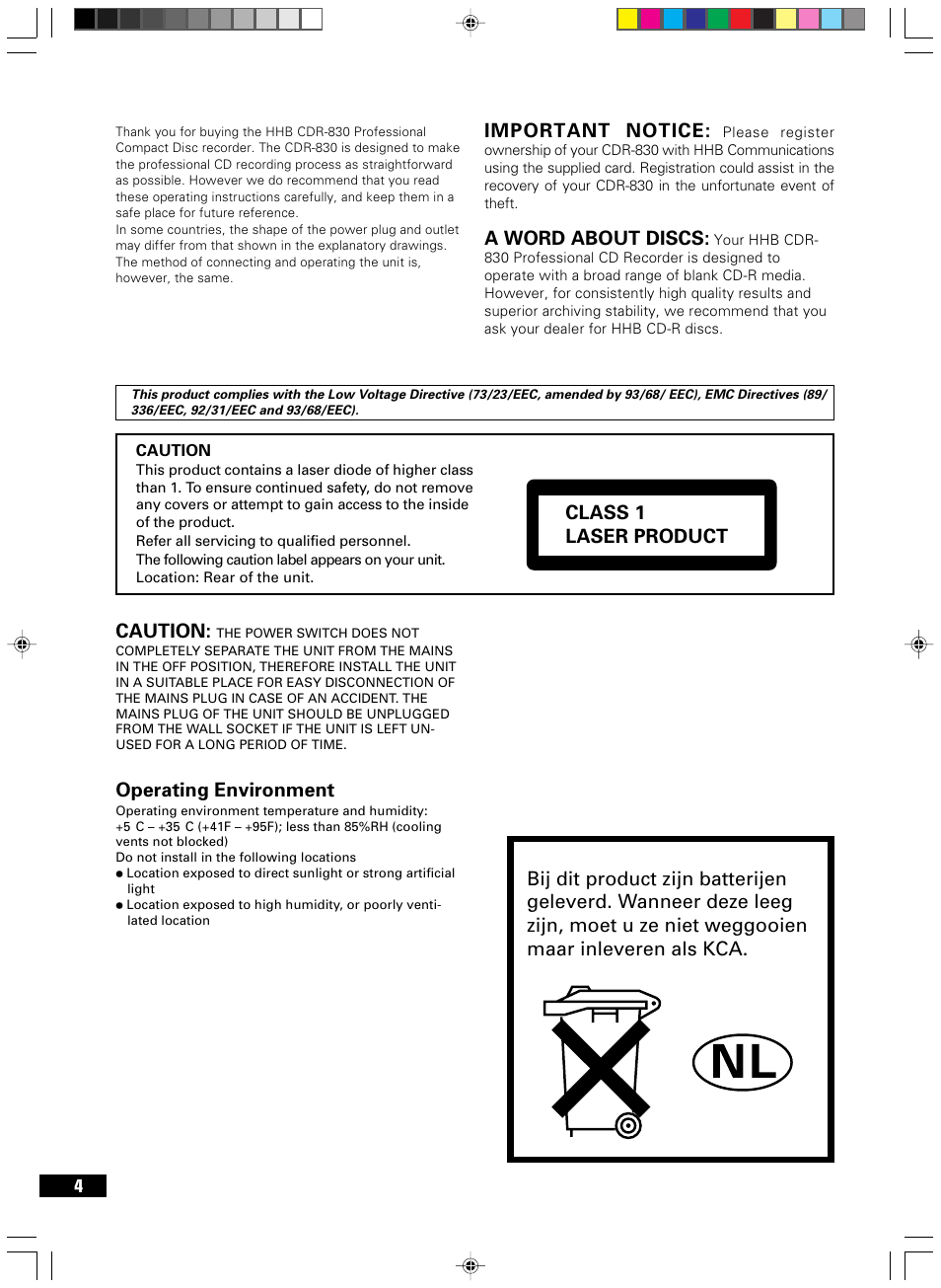 Class 1 laser product, Important notice, A word about discs | Caution, Operating environment | HHB comm CDR-830 User Manual | Page 4 / 44