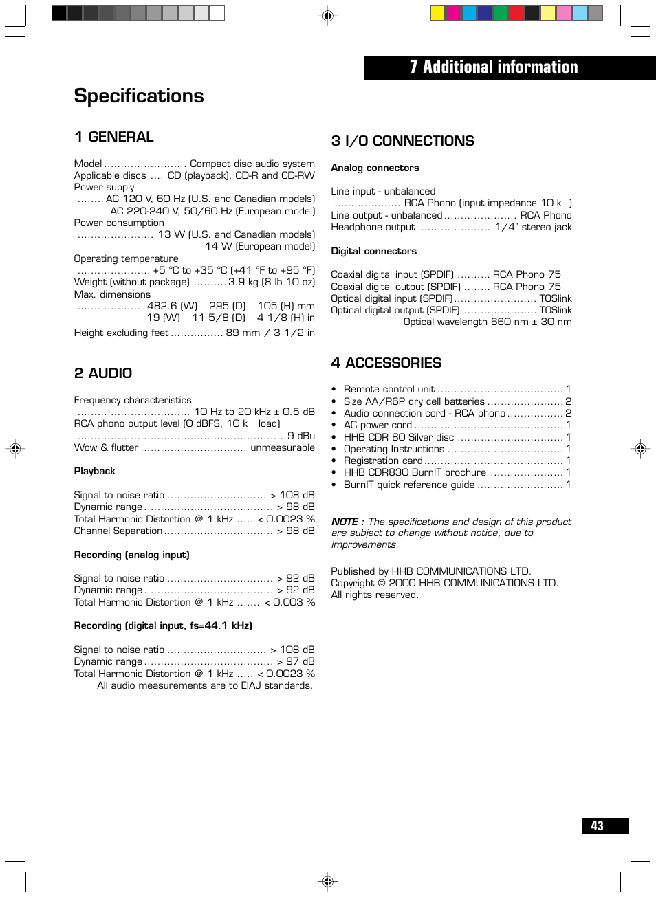 Specifications, 7 additional information, 1 general | 2 audio, 3 i/o connections, 4 accessories | HHB comm CDR-830 User Manual | Page 43 / 44