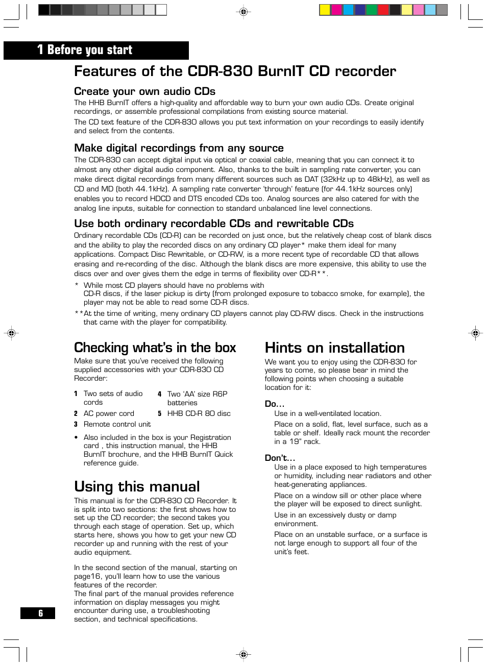 Hints on installation, Using this manual, Features of the cdr-830 burnit cd recorder | 1 before you start, Checking what’s in the box, Create your own audio cds, Make digital recordings from any source | HHB comm CDR-830 User Manual | Page 6 / 44