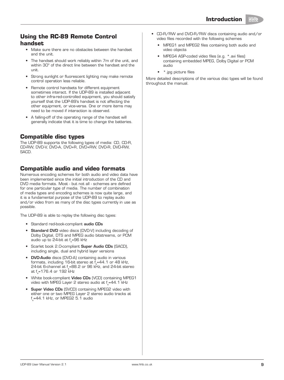 Using the rc-89 remote control handset, Compatible disc types, Compatible audio and video formats | Introduction | HHB comm UDP-89 User Manual | Page 10 / 50