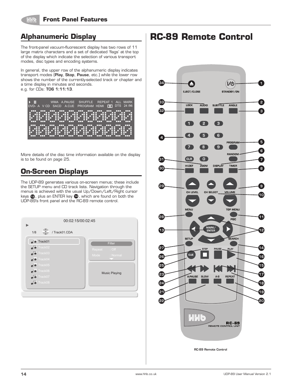 Alphanumeric display, On-screen displays, Rc-89 remote control | Front panel features | HHB comm UDP-89 User Manual | Page 15 / 50