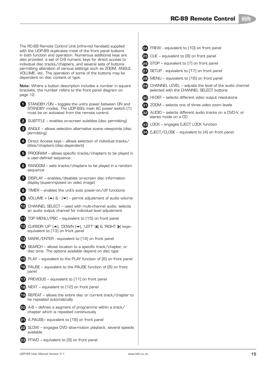 Rc-89 remote control | HHB comm UDP-89 User Manual | Page 16 / 50