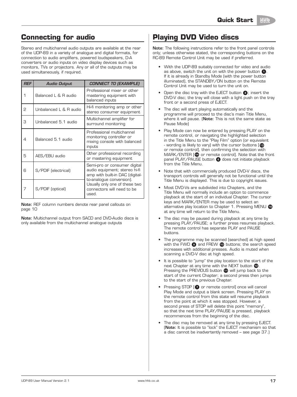 Connecting for audio, Playing dvd video discs, Quick start | HHB comm UDP-89 User Manual | Page 18 / 50