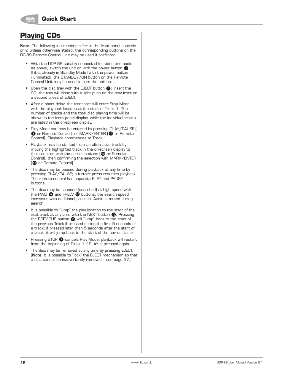 Playing cds, Quick start | HHB comm UDP-89 User Manual | Page 19 / 50