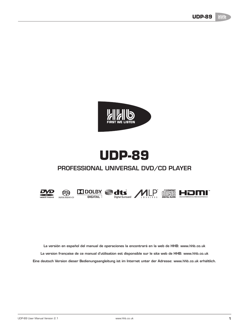 Udp-89, Professional universal dvd/cd player | HHB comm UDP-89 User Manual | Page 2 / 50