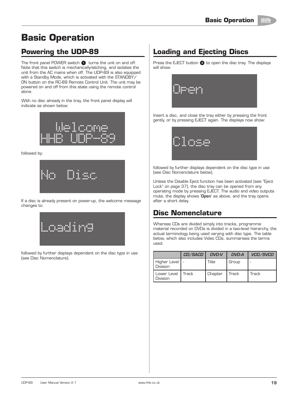 Basic operation, Powering the udp-89, Loading and ejecting discs | Disc nomenclature, Udp-89, Welcome, No disc, Loading, Open, Close | HHB comm UDP-89 User Manual | Page 20 / 50