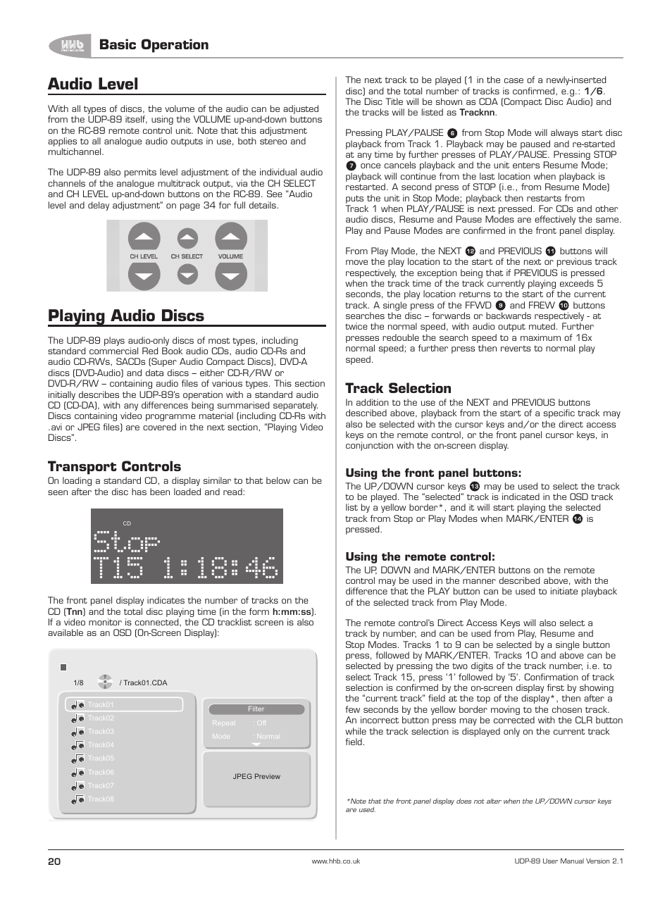 Audio level, Playing audio discs, Transport controls | Track selection, 18:46 stop, Basic operation | HHB comm UDP-89 User Manual | Page 21 / 50