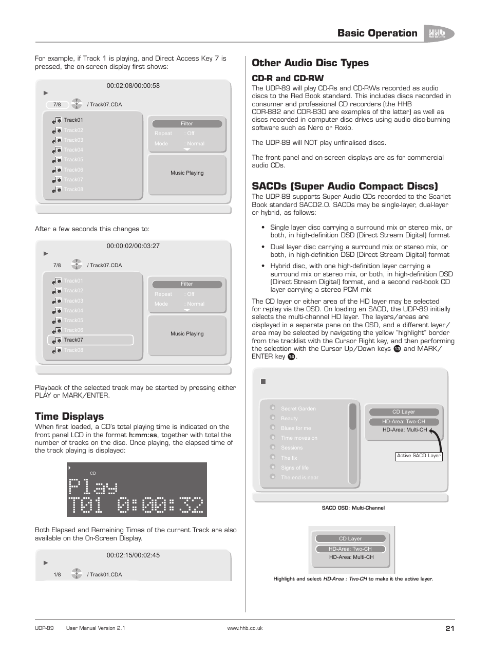 Time displays, Other audio disc types, Sacds (super audio compact discs) | 00:32 play, Basic operation, Cd-r and cd-rw | HHB comm UDP-89 User Manual | Page 22 / 50