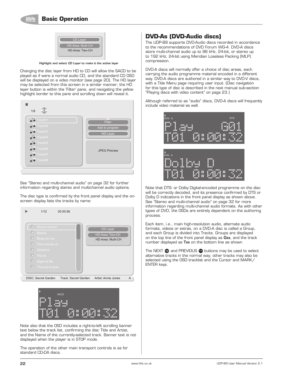 Dvd-as (dvd-audio discs), 00:32 play, 00:32 dolby | Basic operation | HHB comm UDP-89 User Manual | Page 23 / 50