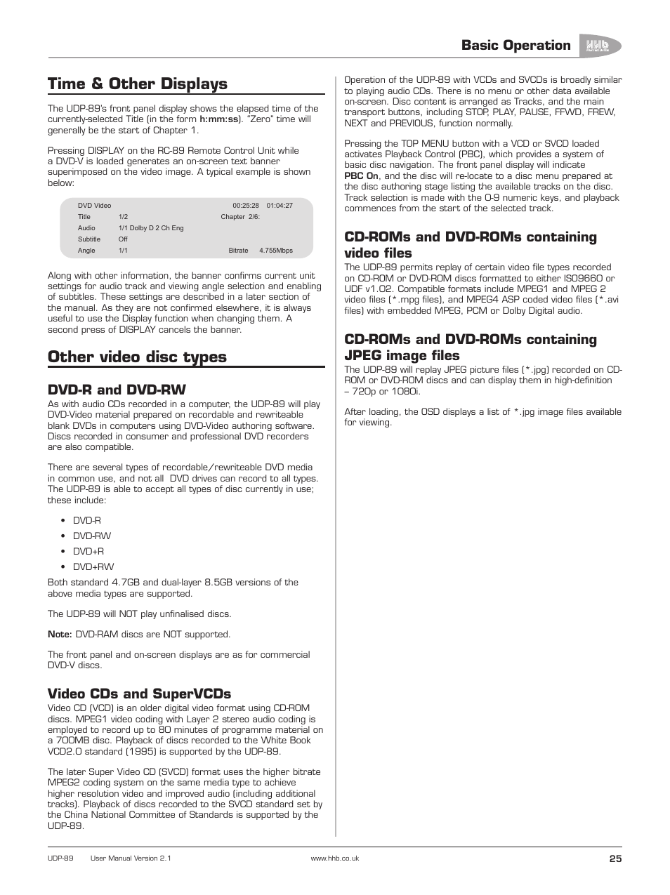 Time & other displays, Other video disc types, Dvd-r and dvd-rw | Video cds and supervcds, Cd-roms and dvd-roms containing video files, Cd-roms and dvd-roms containing jpeg image files, Cd-roms and dvd-roms containing, Jpeg image files, Basic operation | HHB comm UDP-89 User Manual | Page 26 / 50