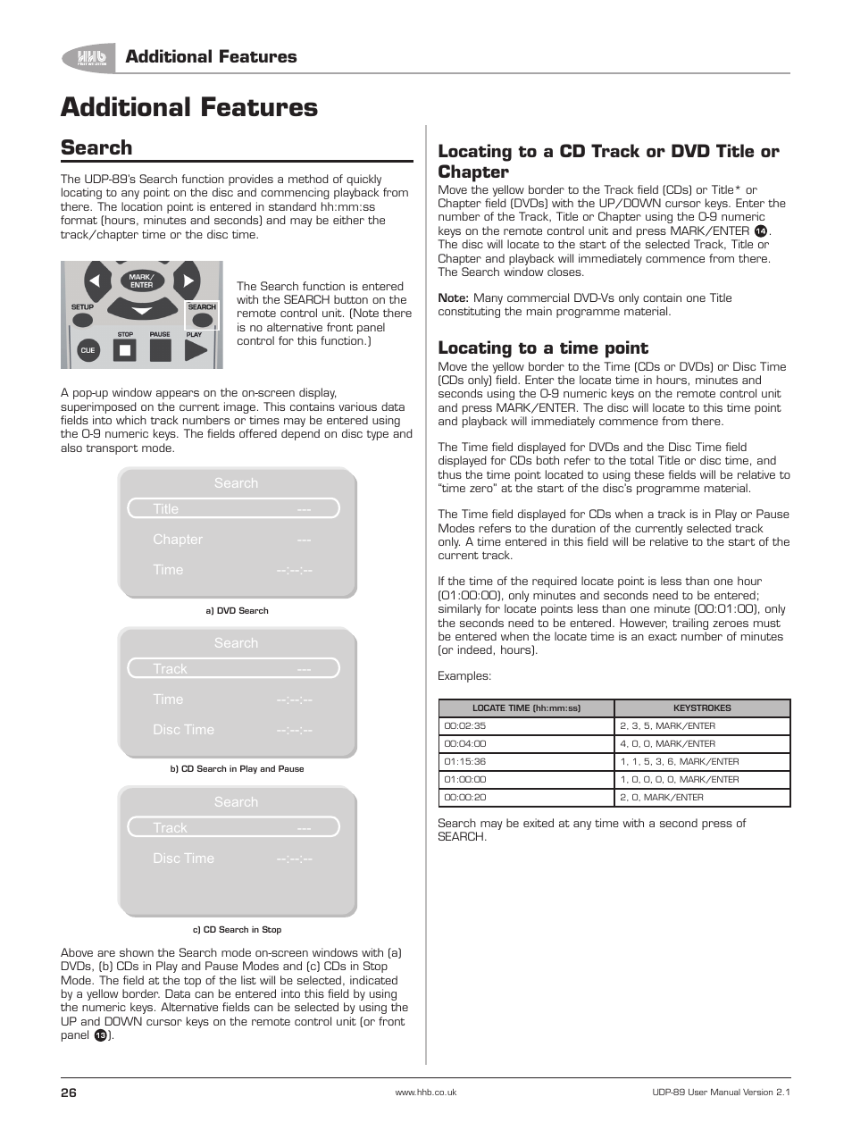 Additional features, Search, Locating to a cd track or dvd title or chapter | Locating to a time point | HHB comm UDP-89 User Manual | Page 27 / 50