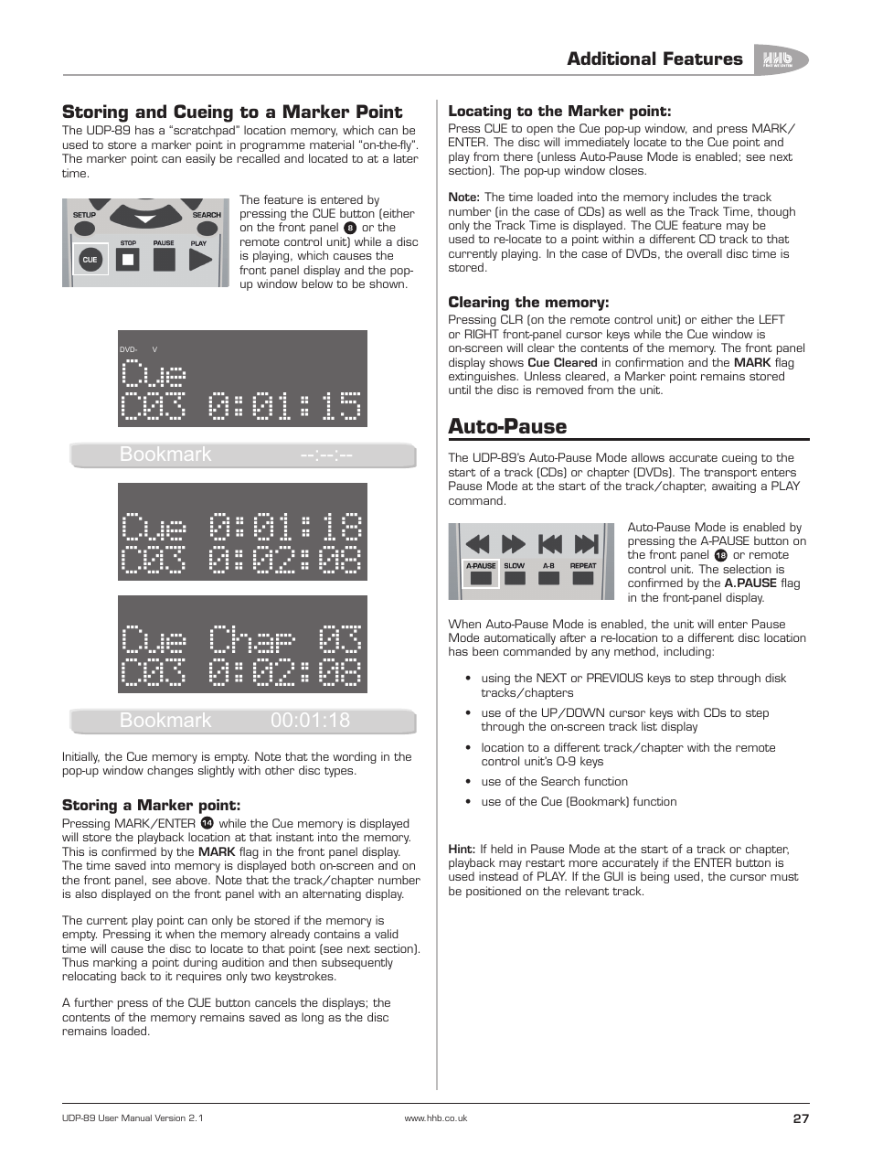 Storing and cueing to a marker point, Auto-pause, 01:15 cue | 02:08 cue, Chap, Bookmark | HHB comm UDP-89 User Manual | Page 28 / 50