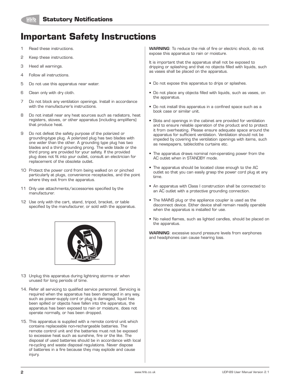 Important safety instructions, Statutory notifications | HHB comm UDP-89 User Manual | Page 3 / 50
