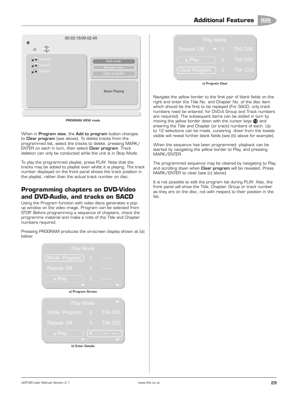 Programming chapters on dvd-video and, Dvd-audio, and tracks on sacd, Program play | Additional features | HHB comm UDP-89 User Manual | Page 30 / 50