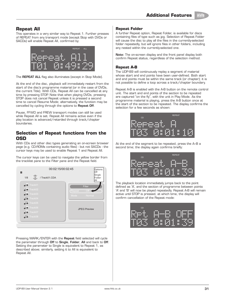 Repeat all, Selection of repeat functions from the osd, 49:29 repeat | 01:10 repeat, 01:39 repeat, 01:39 rpt | HHB comm UDP-89 User Manual | Page 32 / 50