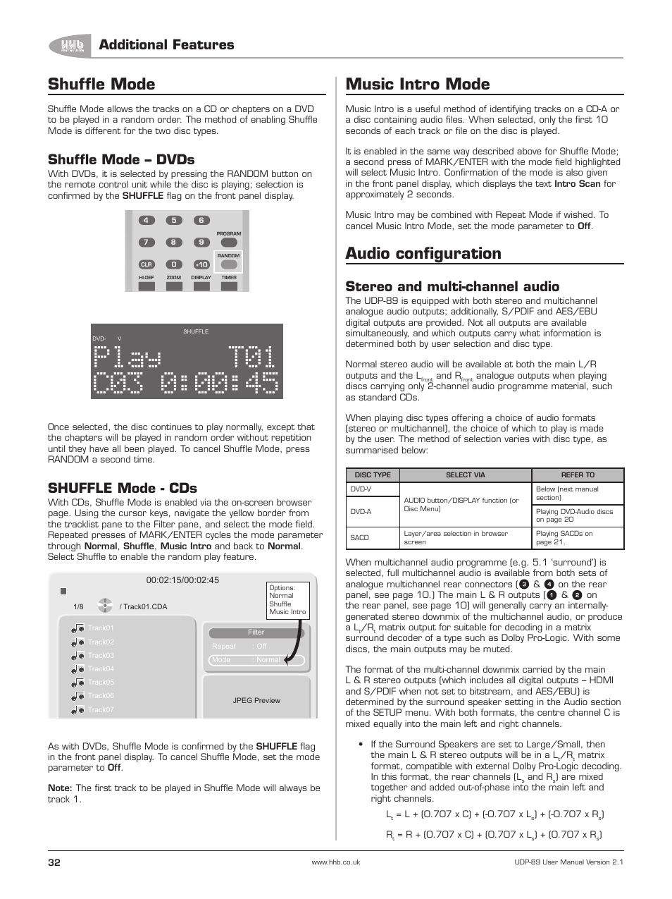 Shuffle mode, Shuffle mode – dvds, Shuffle mode - cds | Music intro mode, Audio configuration, Stereo and multi-channel audio, 00:45 play, Additional features | HHB comm UDP-89 User Manual | Page 33 / 50