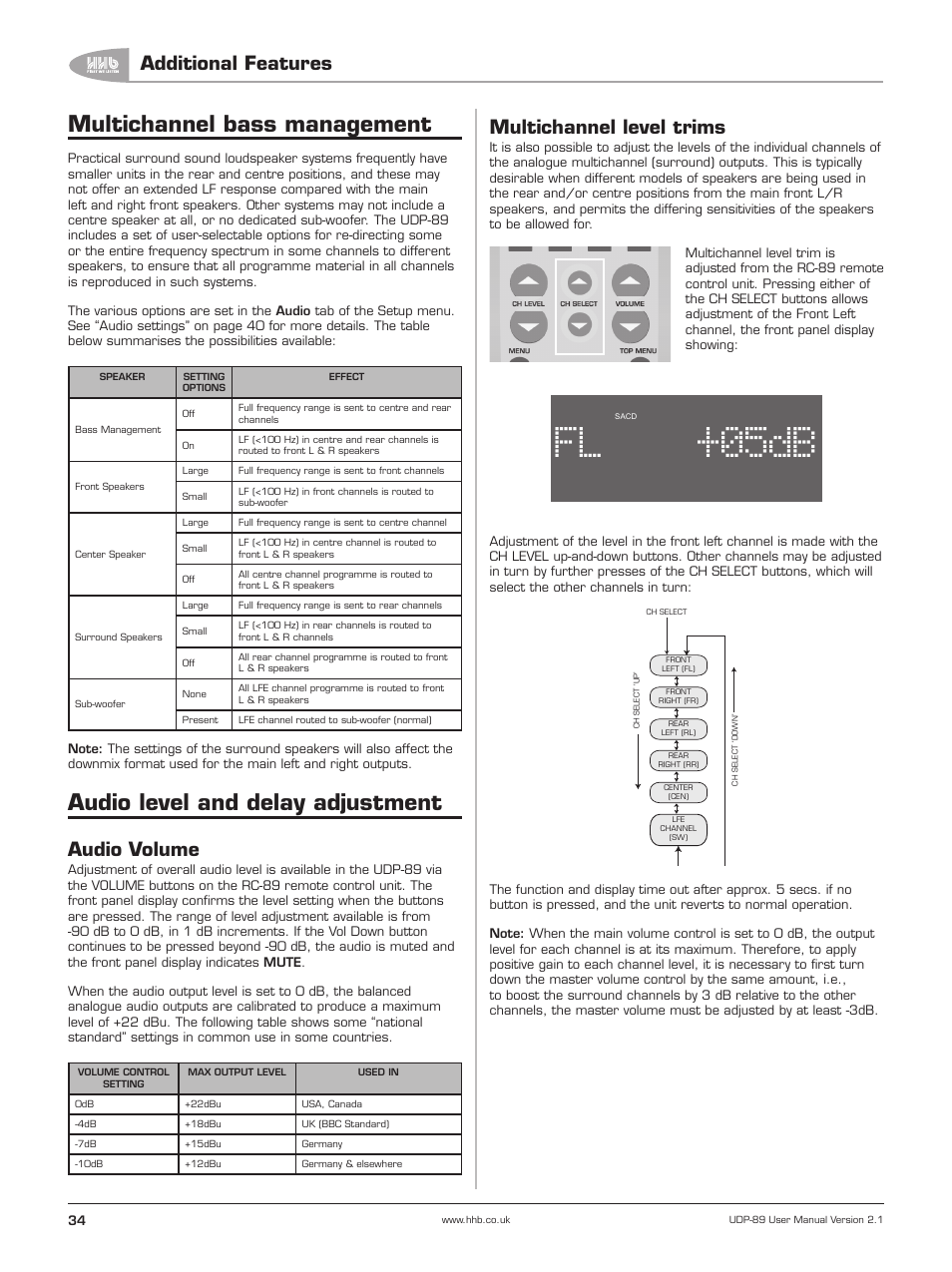 Multichannel bass management, Audio level and delay adjustment, Audio volume | Multichannel level trims, 05db, Additional features | HHB comm UDP-89 User Manual | Page 35 / 50