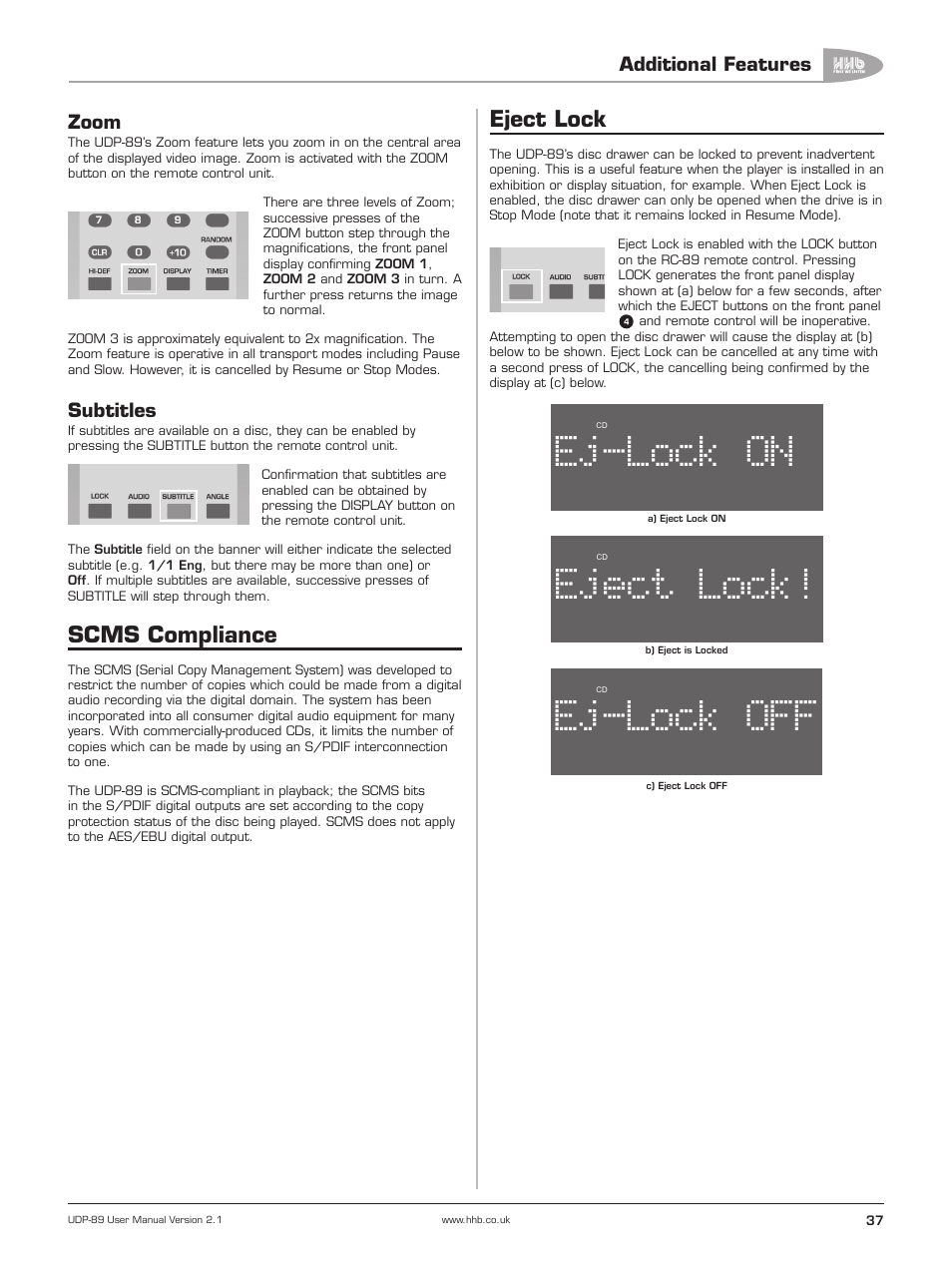 Zoom, Subtitles, Scms compliance | Eject lock, Ej-lock, Eject, Lock, Additional features | HHB comm UDP-89 User Manual | Page 38 / 50