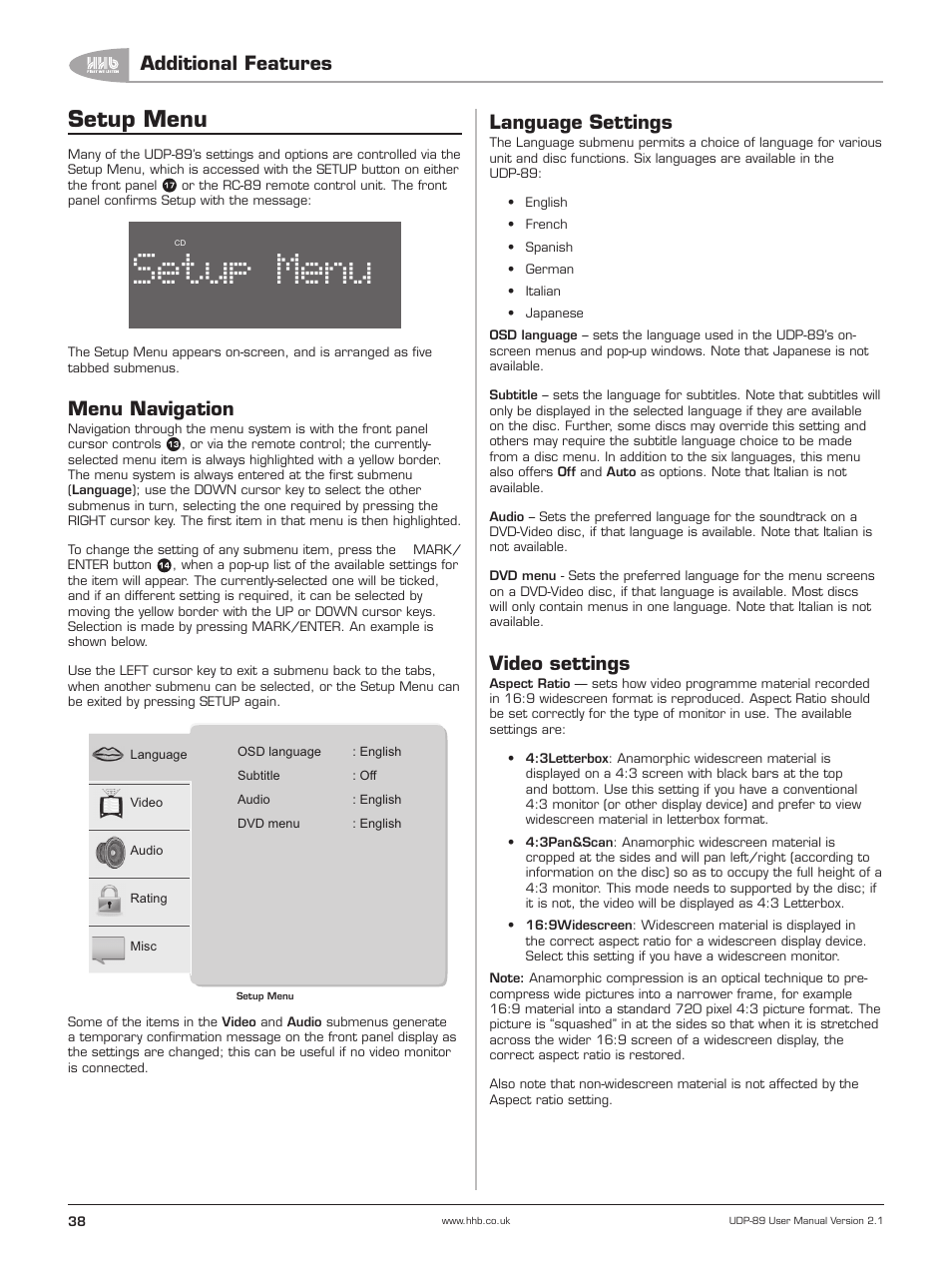 Setup menu, Menu navigation, Language settings | Video settings, Setup, Menu, Additional features | HHB comm UDP-89 User Manual | Page 39 / 50