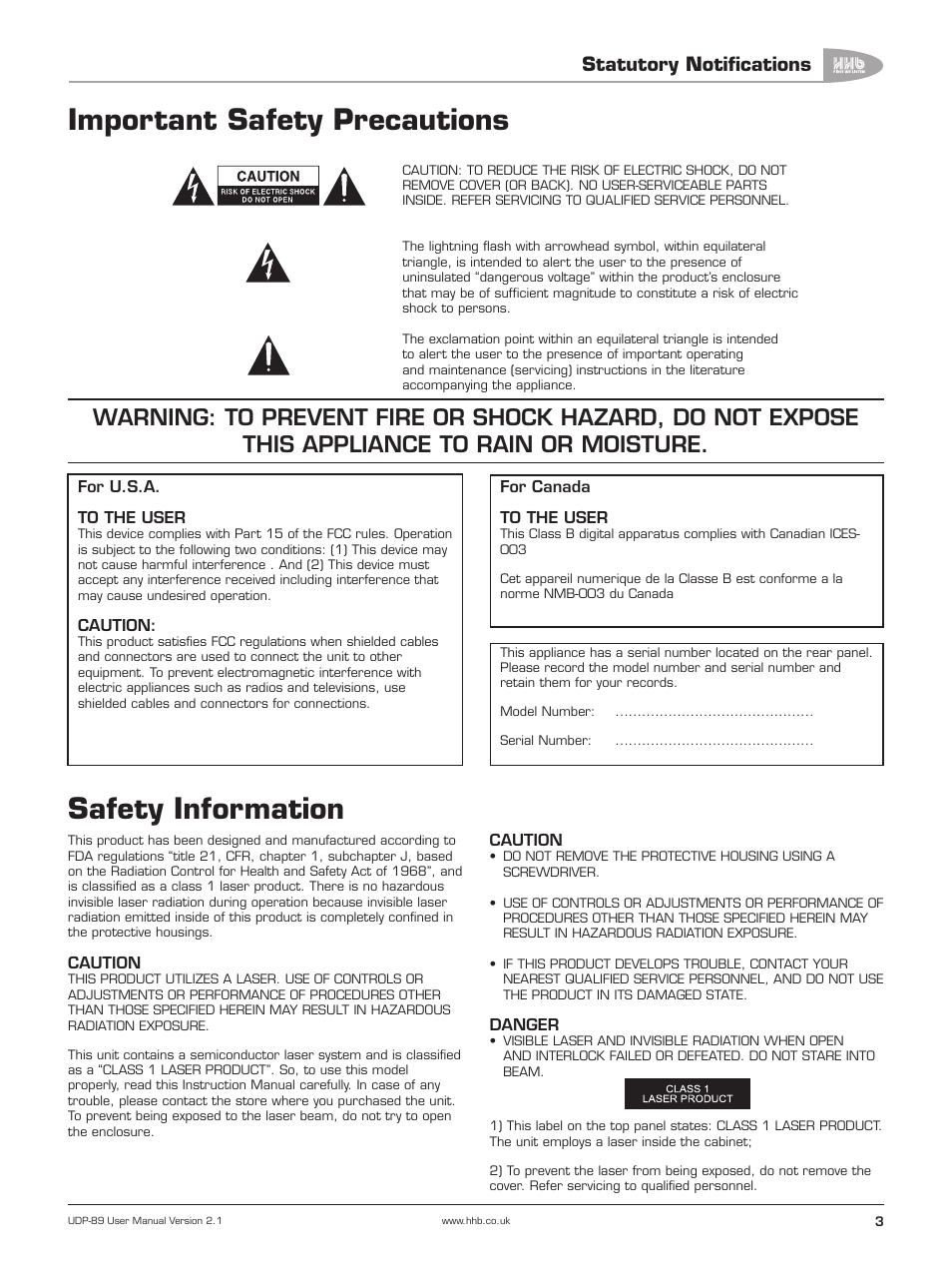 Important safety precautions, Safety information, Statutory notifications | HHB comm UDP-89 User Manual | Page 4 / 50