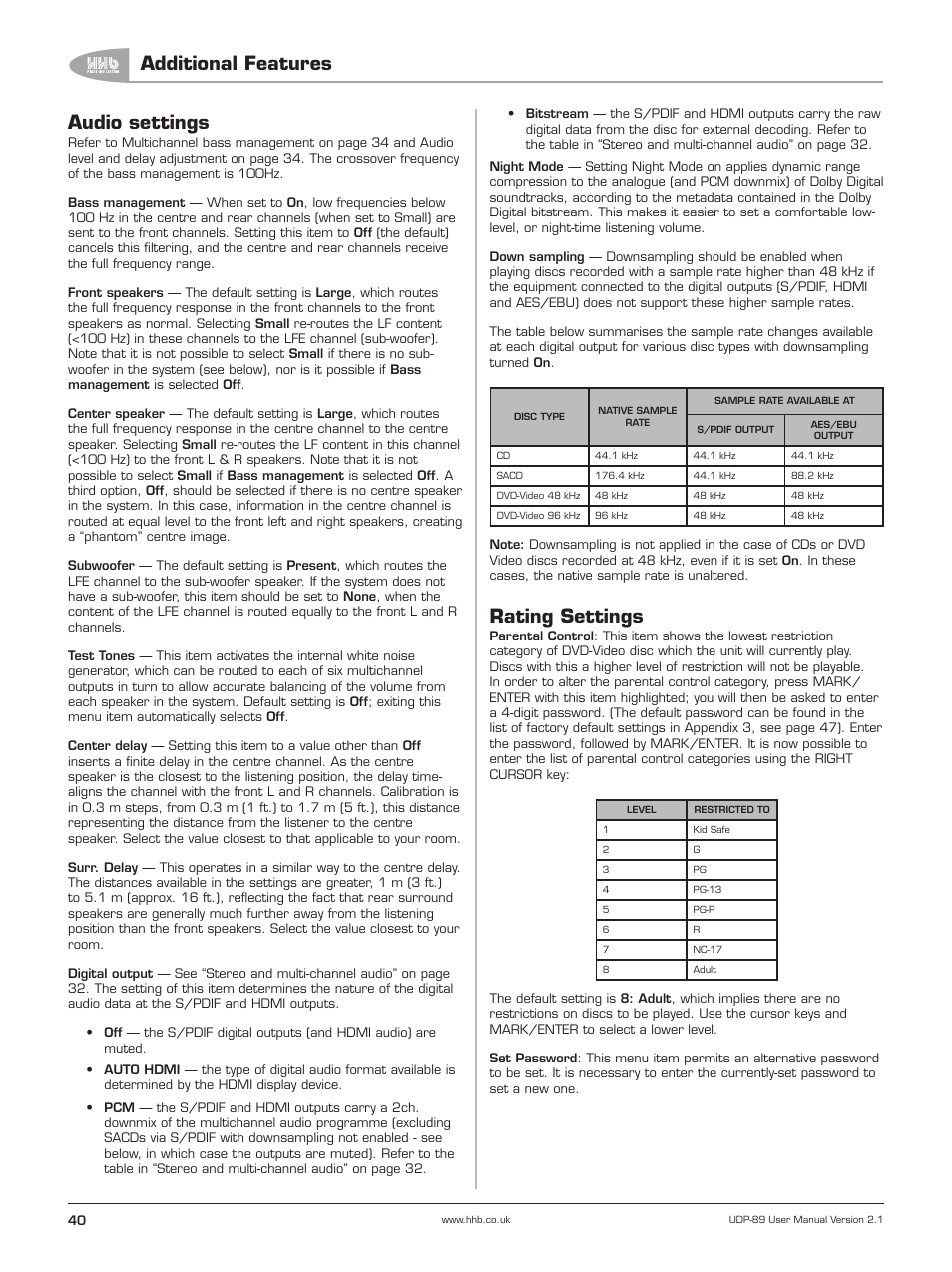 Audio settings, Rating settings, Additional features | HHB comm UDP-89 User Manual | Page 41 / 50