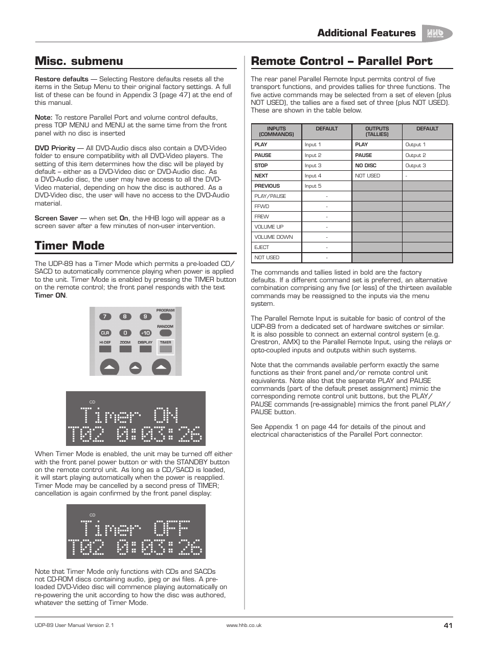 Misc. submenu, Timer mode, Remote control – parallel port | Timer, Additional features | HHB comm UDP-89 User Manual | Page 42 / 50