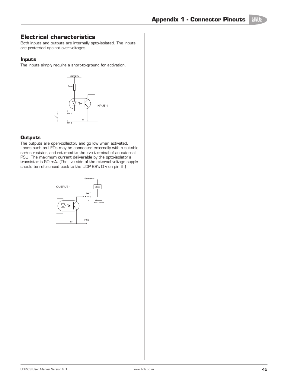 Electrical characteristics, Appendix 1 - connector pinouts | HHB comm UDP-89 User Manual | Page 46 / 50