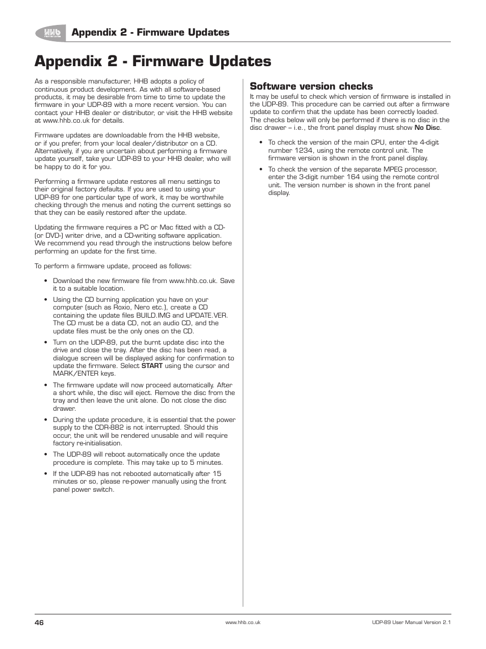 Appendix 2 - firmware updates, Software version checks | HHB comm UDP-89 User Manual | Page 47 / 50