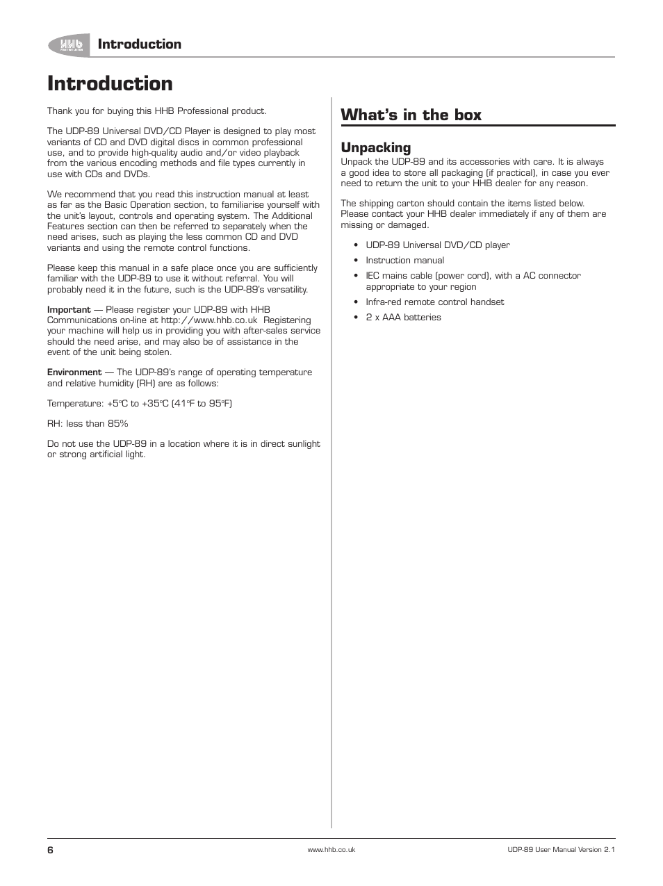Introduction, What’s in the box, Unpacking | HHB comm UDP-89 User Manual | Page 7 / 50