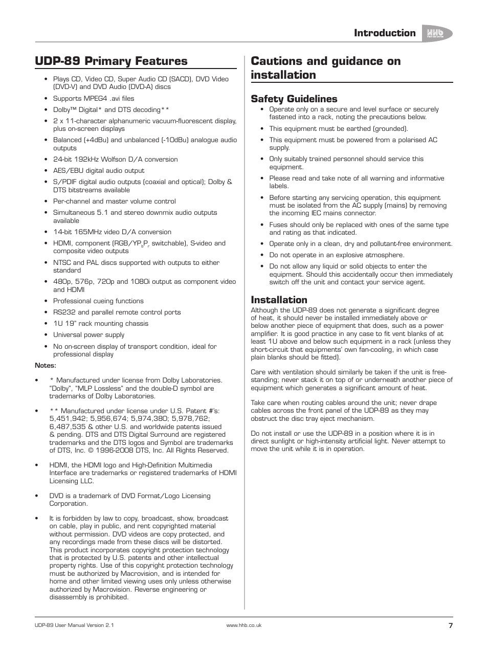 Udp-89 primary features, Cautions and guidance on installation, Safety guidelines | Installation, Introduction | HHB comm UDP-89 User Manual | Page 8 / 50