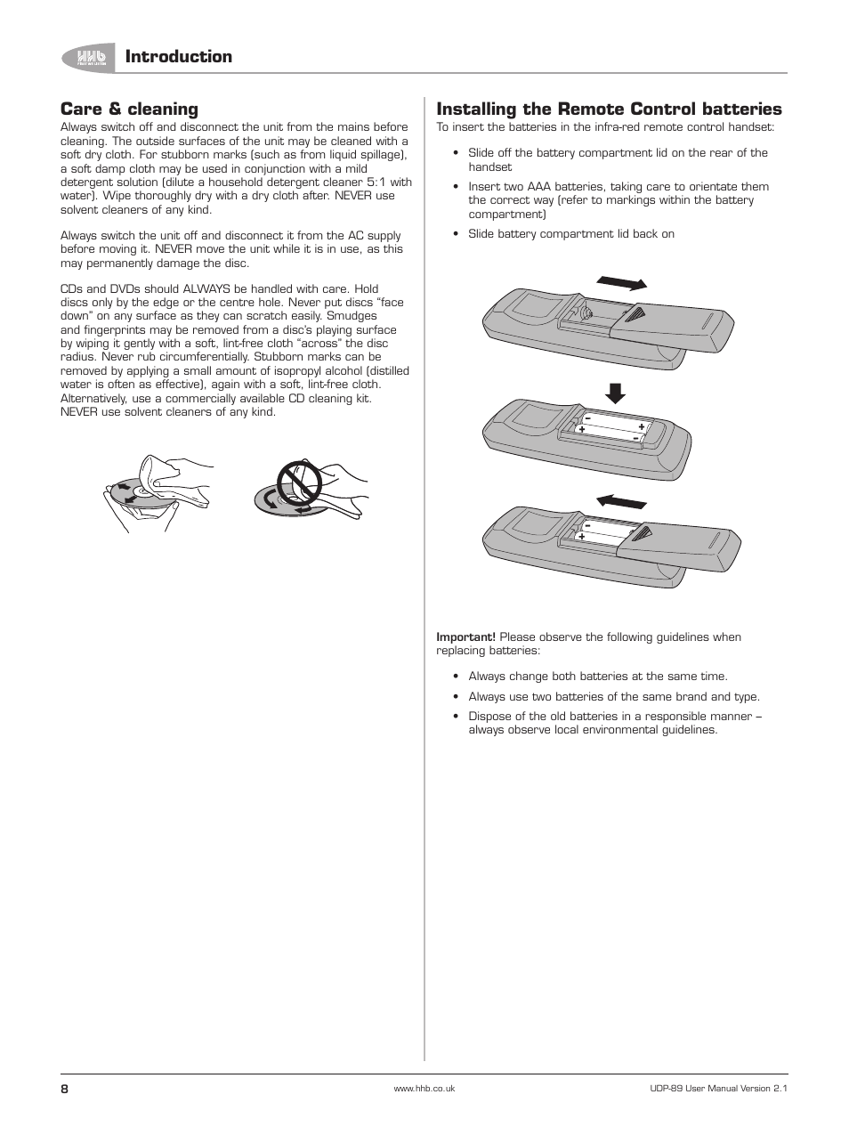 Care & cleaning, Installing the remote control batteries, Introduction | HHB comm UDP-89 User Manual | Page 9 / 50