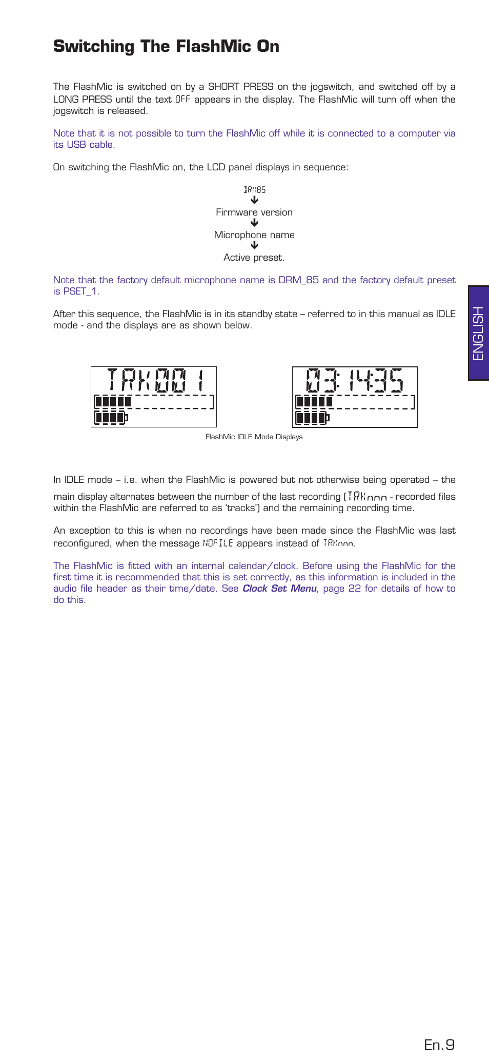 Switching the flashmic on, En.9, Trknnn | English | HHB comm DRM85 User Manual | Page 10 / 49