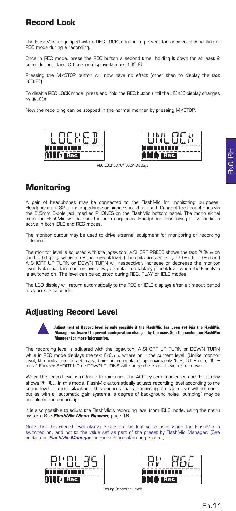Record lock, Monitoring, Adjusting record level | Unlock, Locked, Rvol35, Rv agc | HHB comm DRM85 User Manual | Page 12 / 49