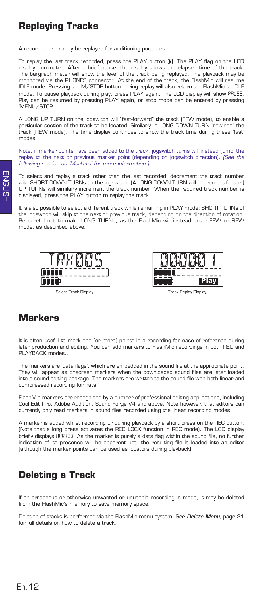 Replaying tracks, Markers, Deleting a track | Trk005, English | HHB comm DRM85 User Manual | Page 13 / 49