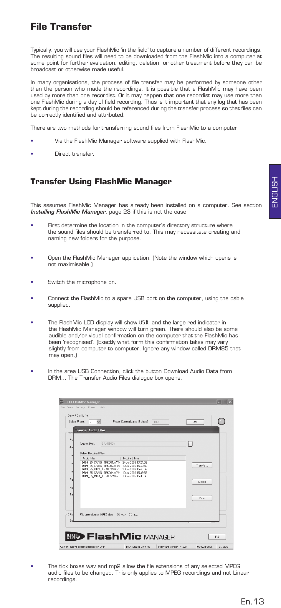 File transfer, Transfer using flashmic manager, En.3 | English | HHB comm DRM85 User Manual | Page 14 / 49