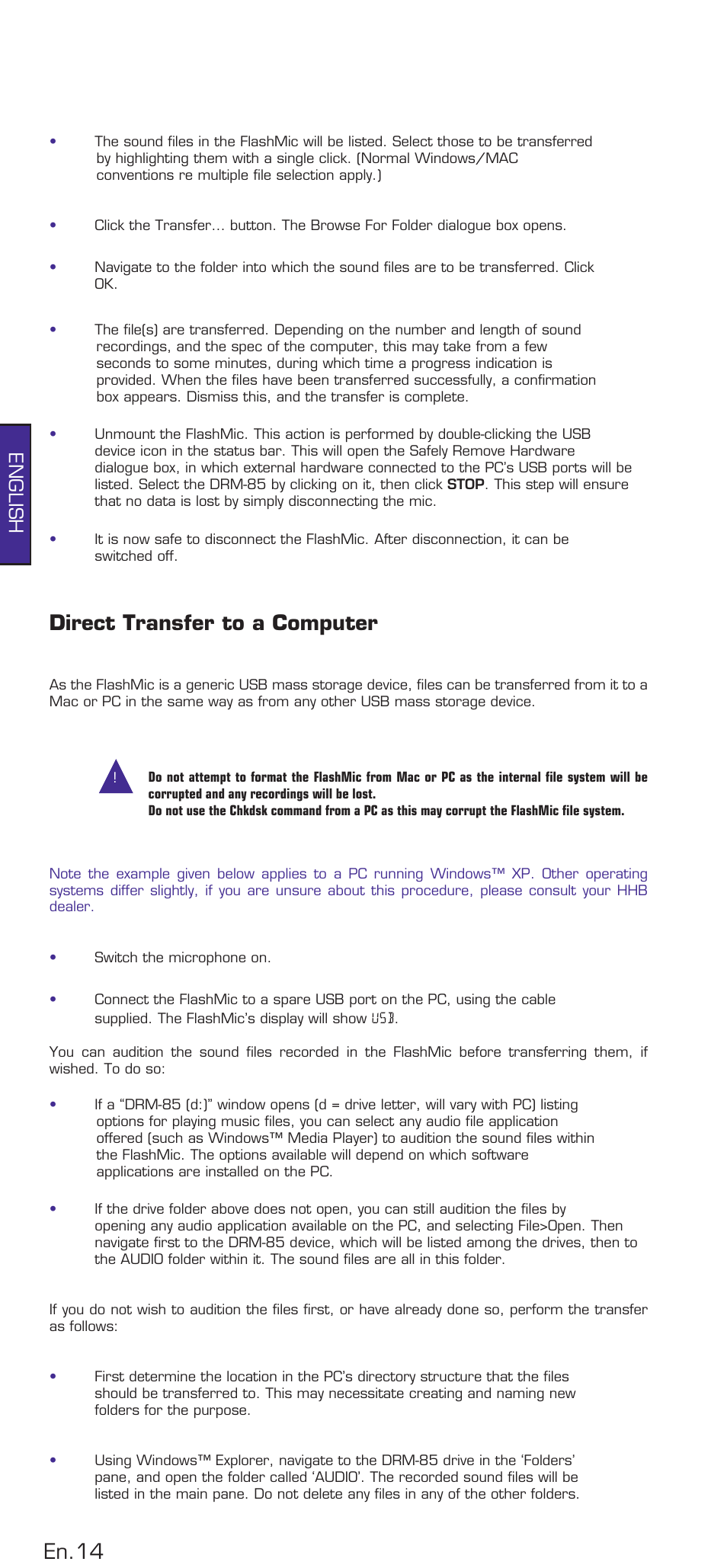 Direct transfer to a computer, En.4, English | HHB comm DRM85 User Manual | Page 15 / 49