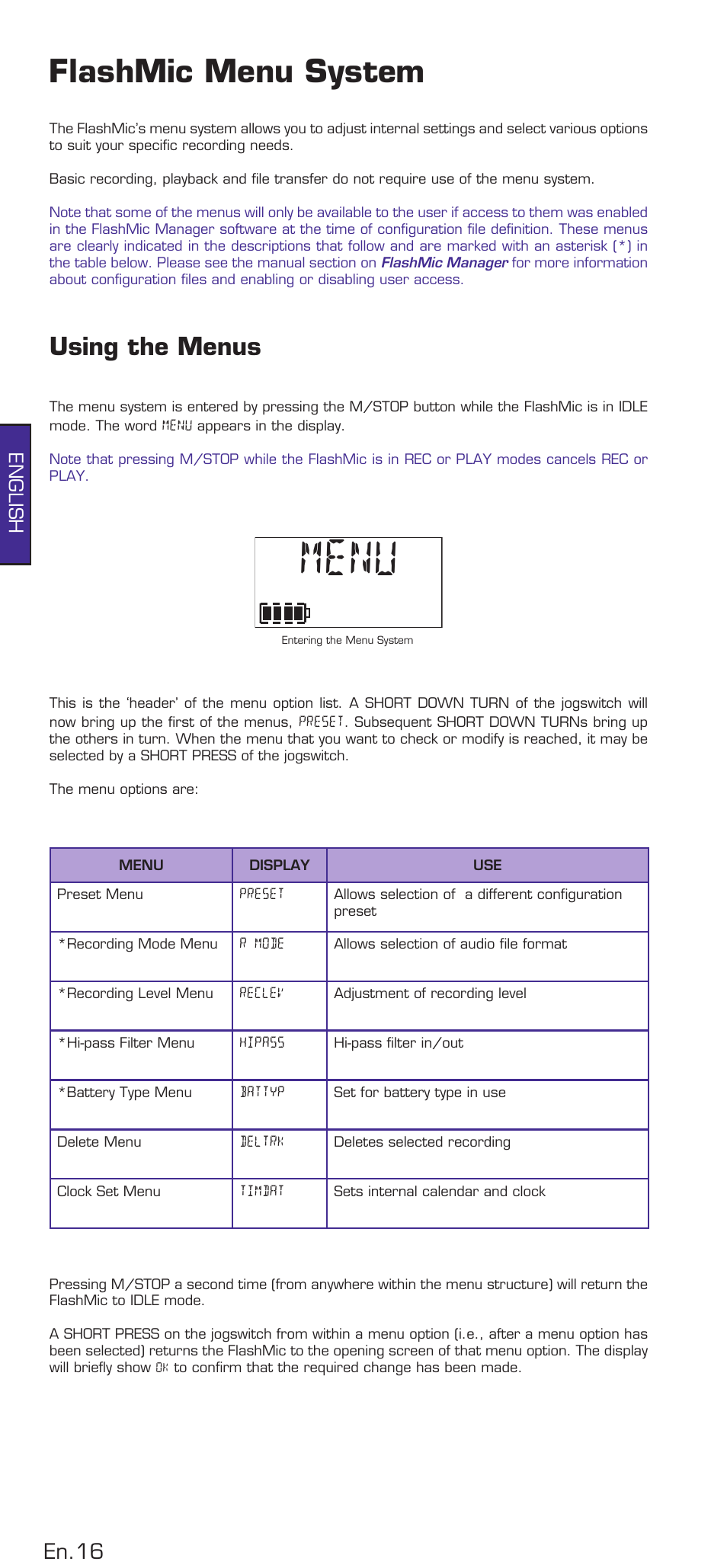 Flashmic menu system, Using the menus, Menu | En.6, English | HHB comm DRM85 User Manual | Page 17 / 49