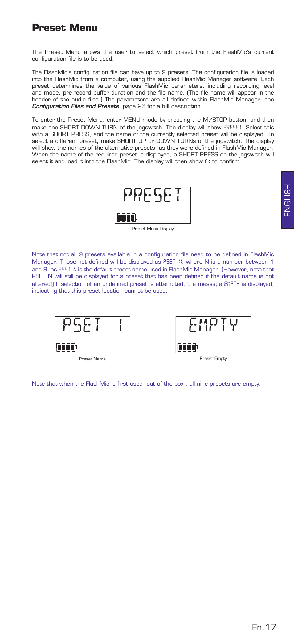 Preset menu, Preset, Pset 1 empty | En.7 | HHB comm DRM85 User Manual | Page 18 / 49