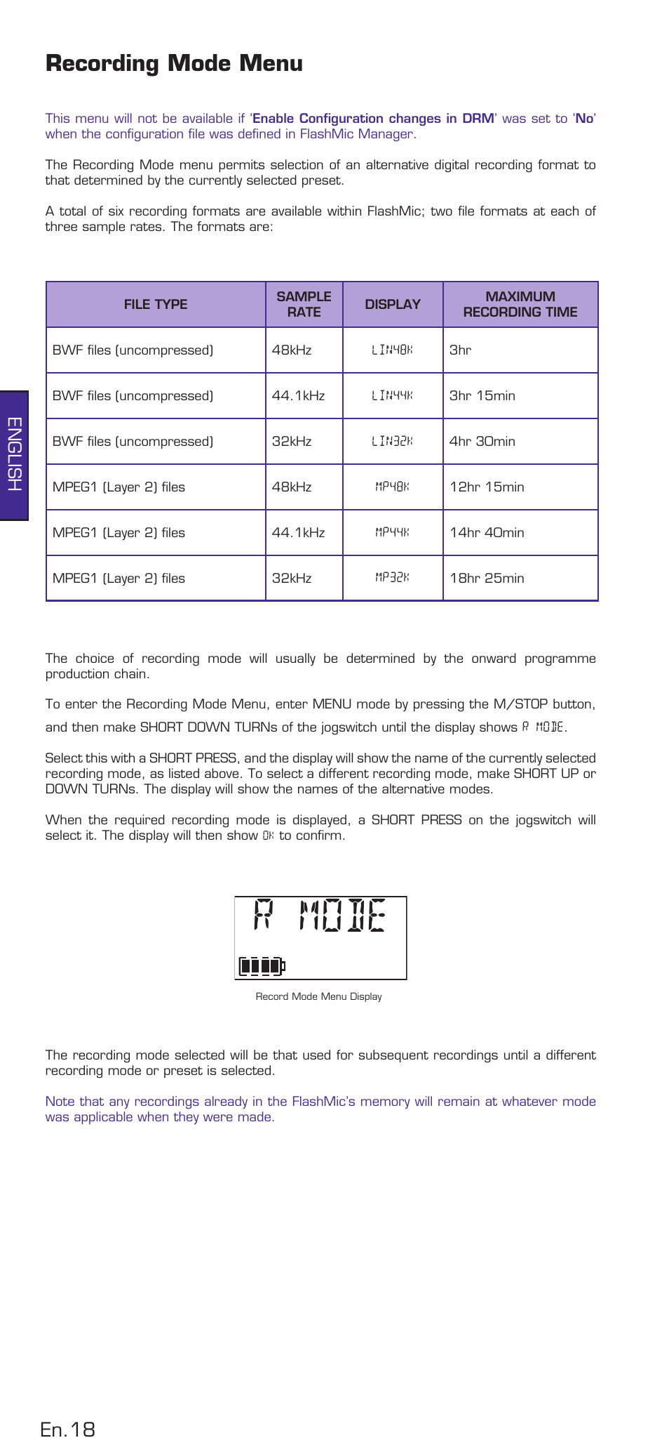 Recording mode menu, R mode, En.8 | English | HHB comm DRM85 User Manual | Page 19 / 49