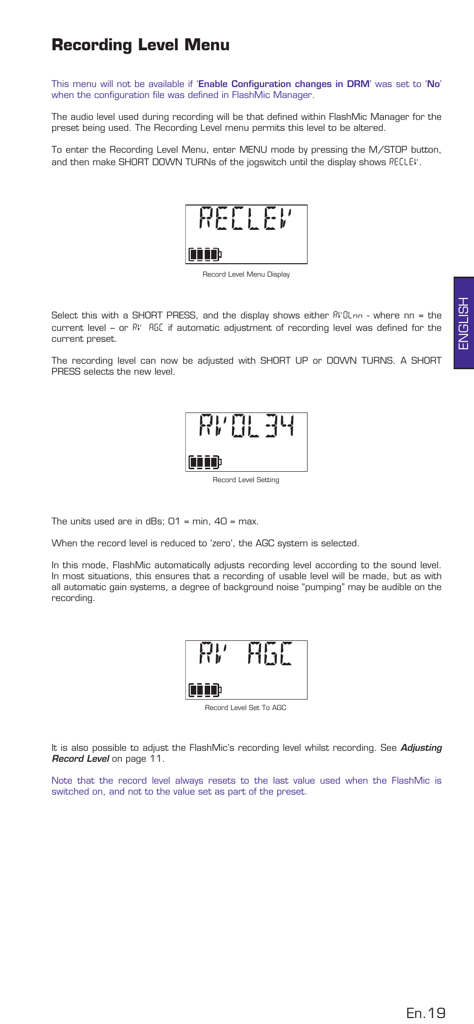 Recording level menu, Reclev, Rvol34 | Rv agc, En.9 | HHB comm DRM85 User Manual | Page 20 / 49
