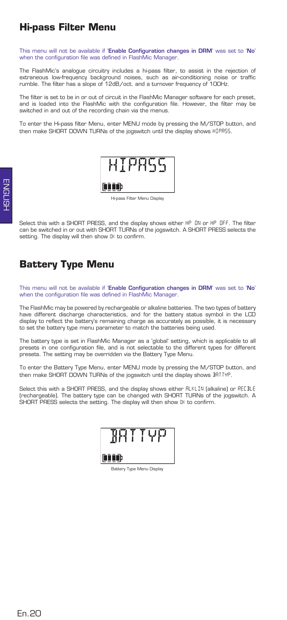 Hi-pass filter menu, Battery type menu, Hipass | Battyp, En.0, English | HHB comm DRM85 User Manual | Page 21 / 49