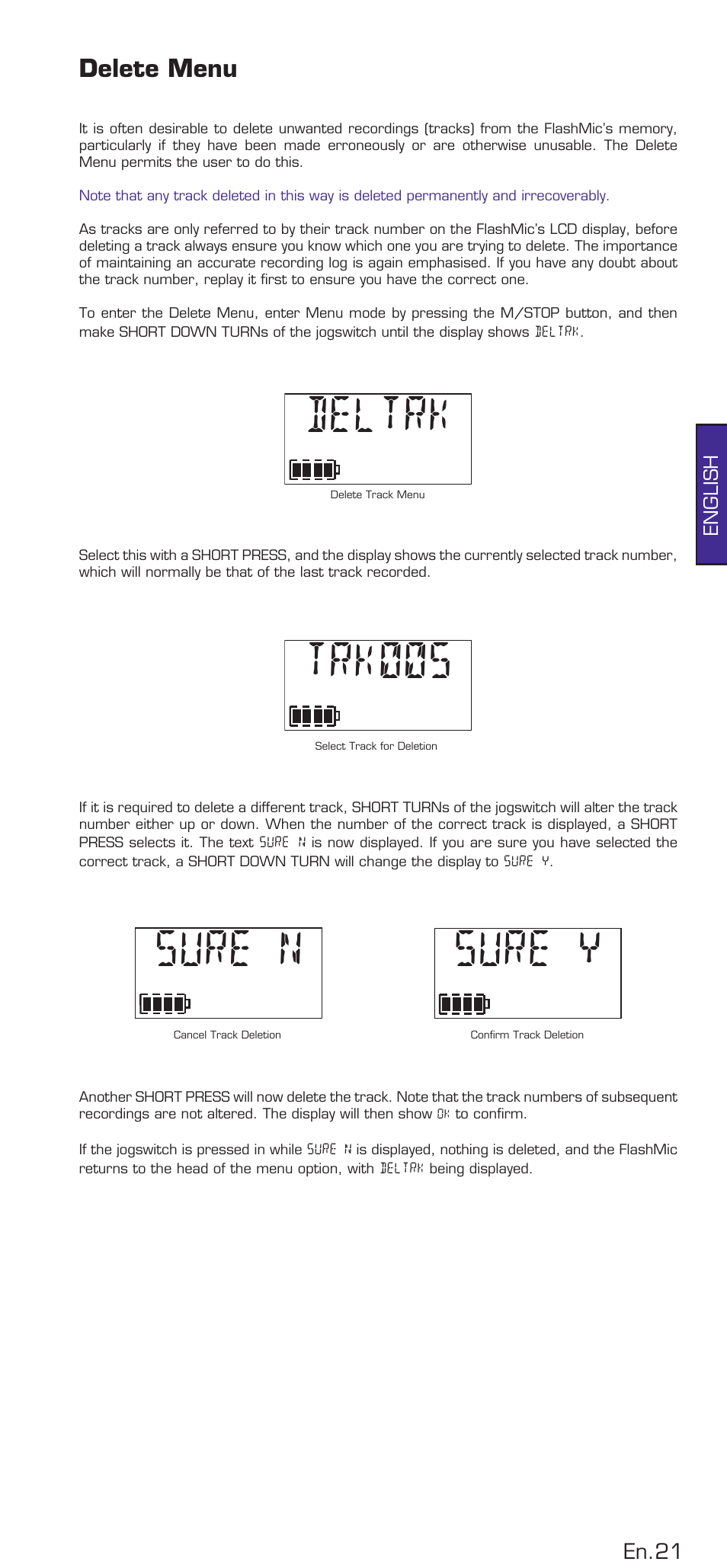 Delete menu, Deltrk, Trk005 | Sure n sure y | HHB comm DRM85 User Manual | Page 22 / 49