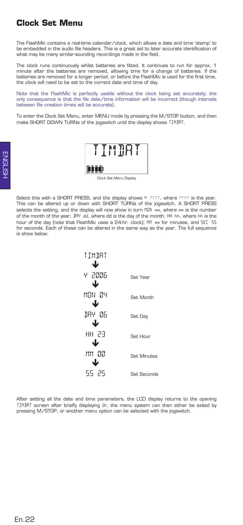 Clock set menu, Timdat | HHB comm DRM85 User Manual | Page 23 / 49
