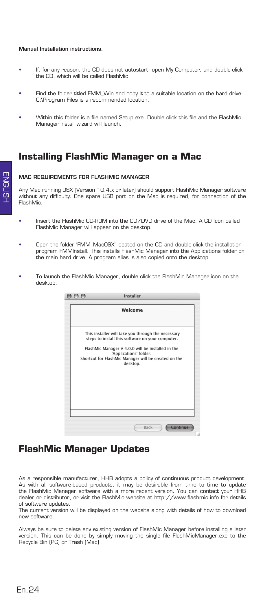 Installing flashmic manager on a mac, Flashmic manager updates, En.4 | English | HHB comm DRM85 User Manual | Page 25 / 49
