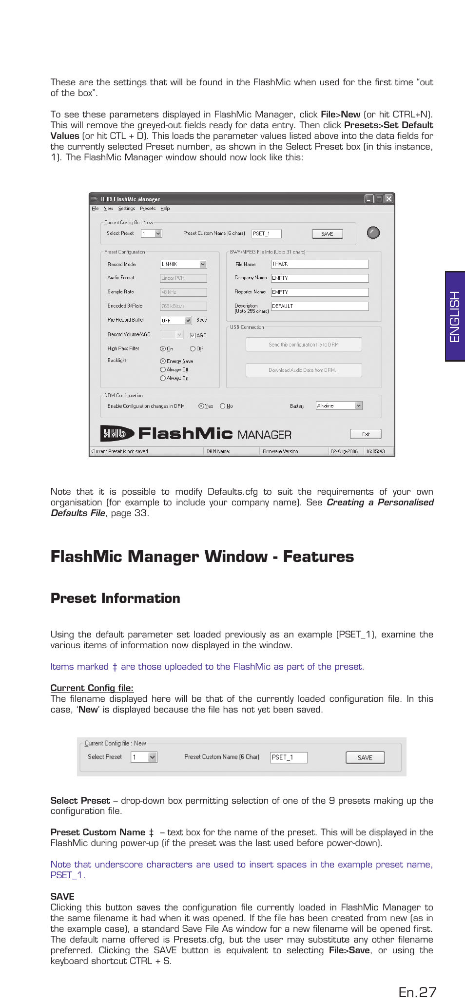 Flashmic manager window - features, Preset information, En.7 | English | HHB comm DRM85 User Manual | Page 28 / 49