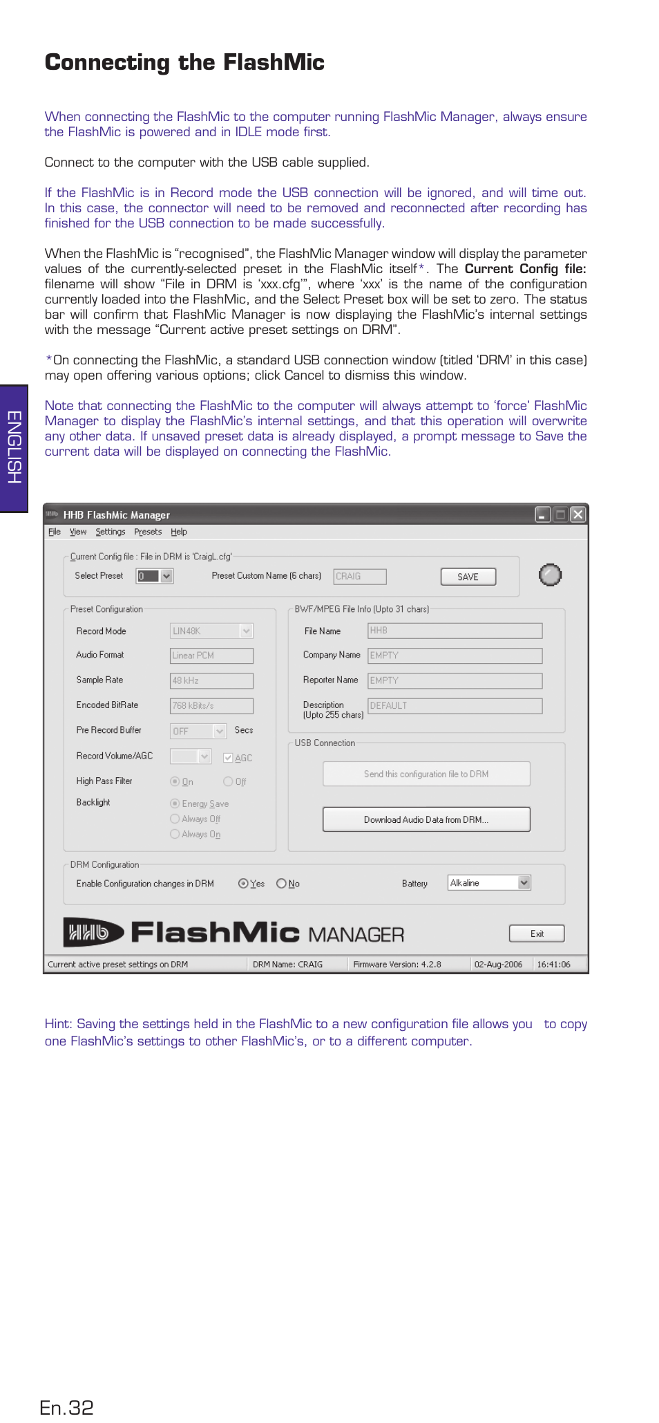 Connecting the flashmic, En.3, English | HHB comm DRM85 User Manual | Page 33 / 49