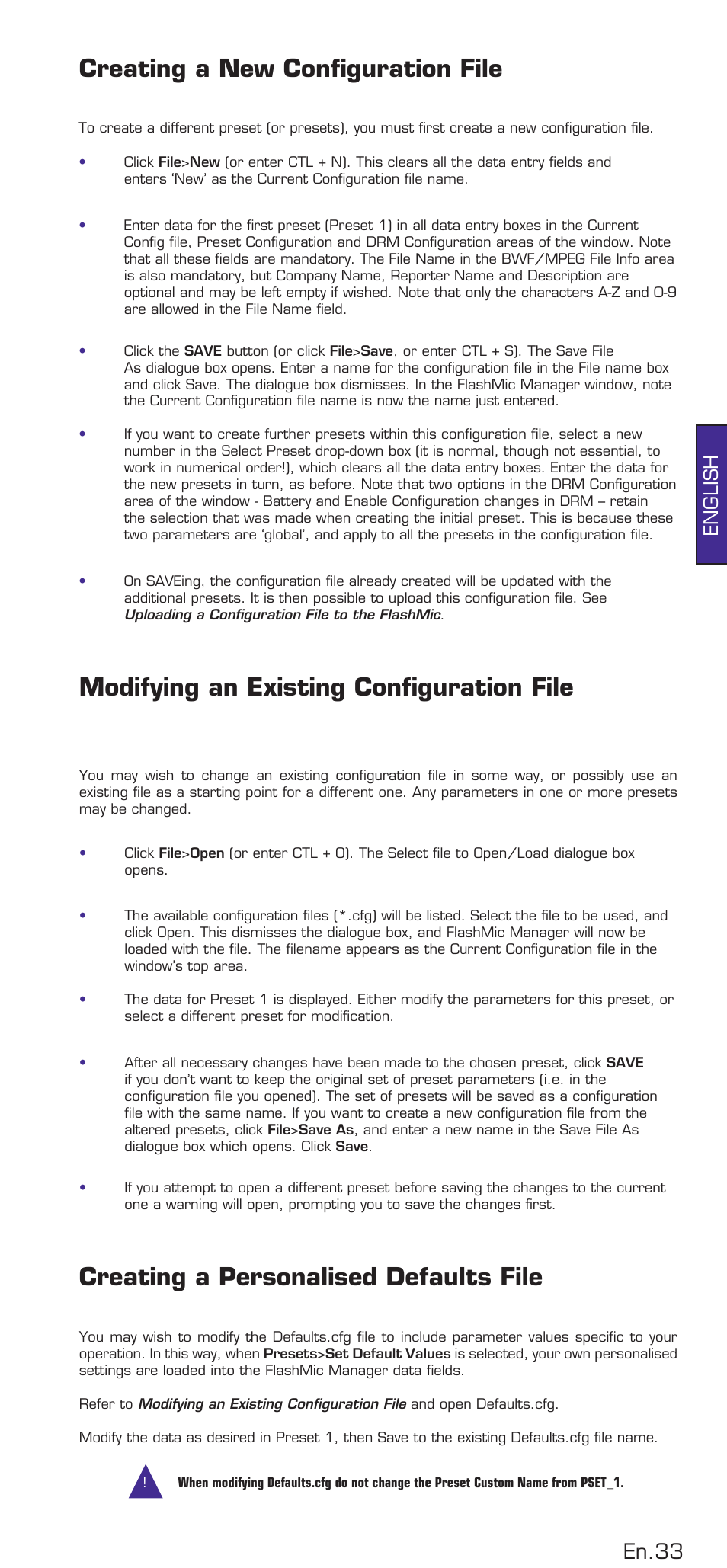 Creating a new configuration file, Modifying an existing configuration file, Creating a personalised defaults file | En.33, English | HHB comm DRM85 User Manual | Page 34 / 49