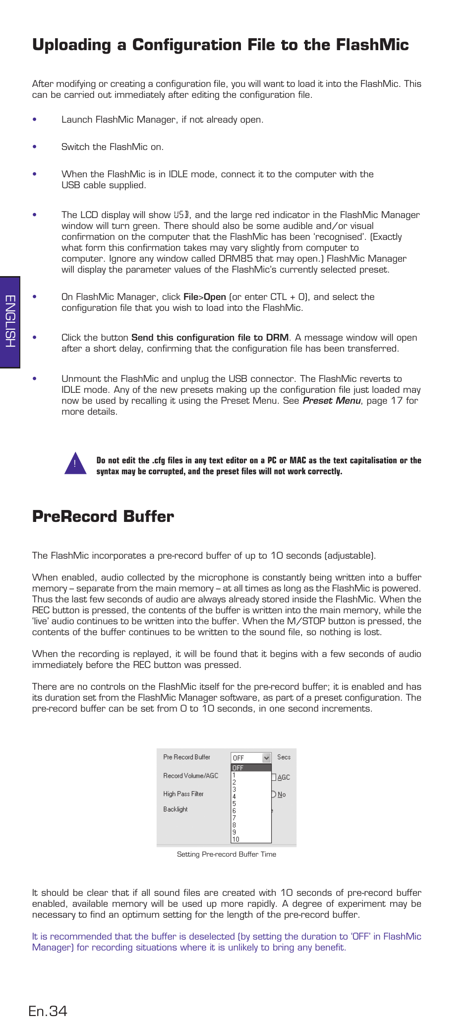 Uploading a configuration file to the flashmic, Prerecord buffer, En.34 | English | HHB comm DRM85 User Manual | Page 35 / 49