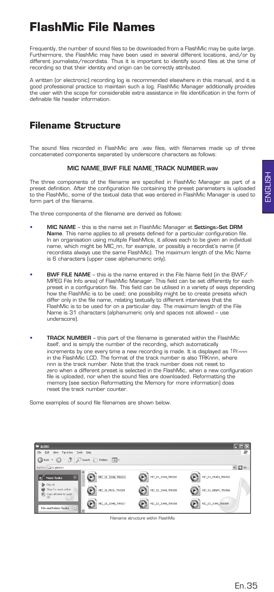 Flashmic file names, Filename structure, En.35 | English | HHB comm DRM85 User Manual | Page 36 / 49