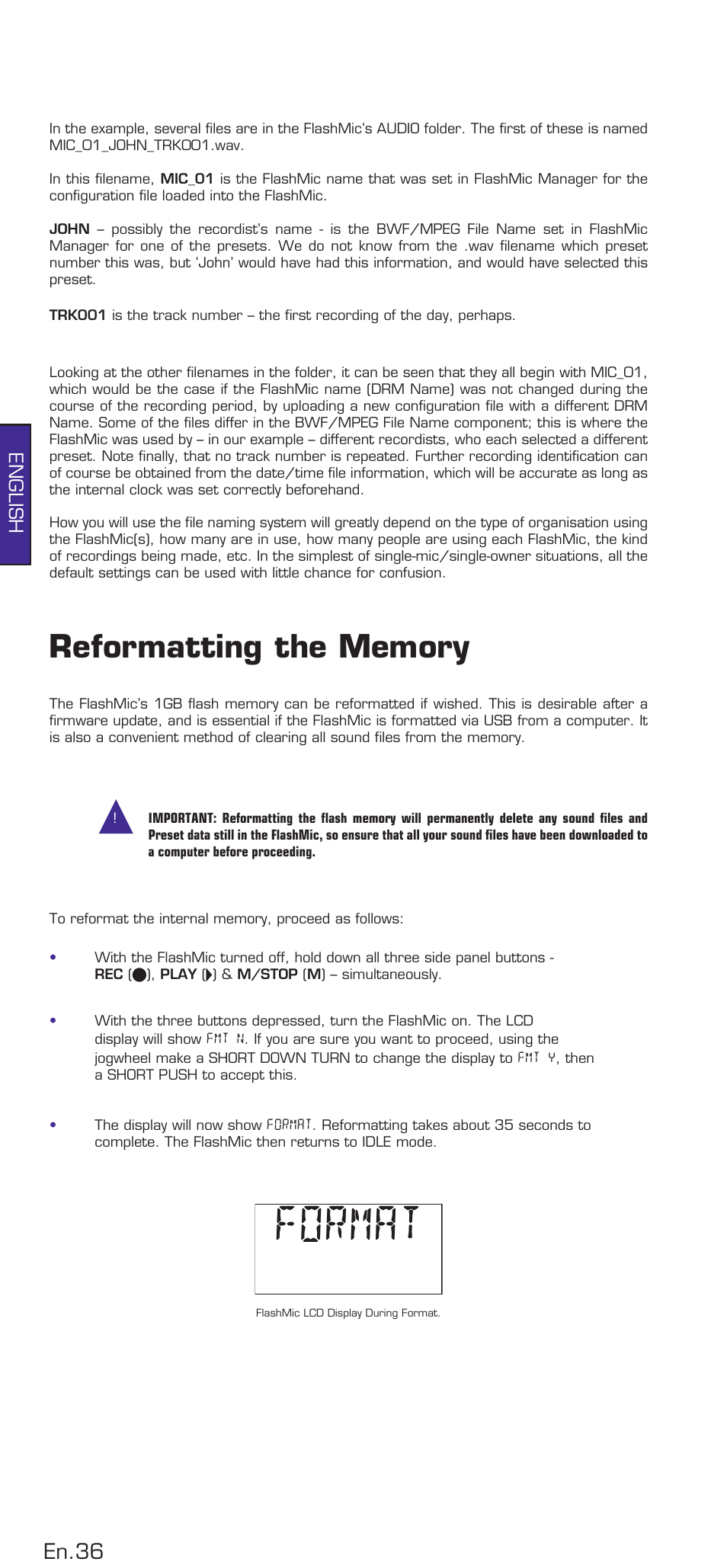 Reformatting the memory, Format, En.36 | English | HHB comm DRM85 User Manual | Page 37 / 49